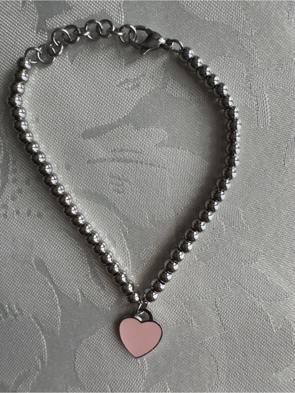 Pink Enamel Heart Tag Silver-Tone Bead Bracelet